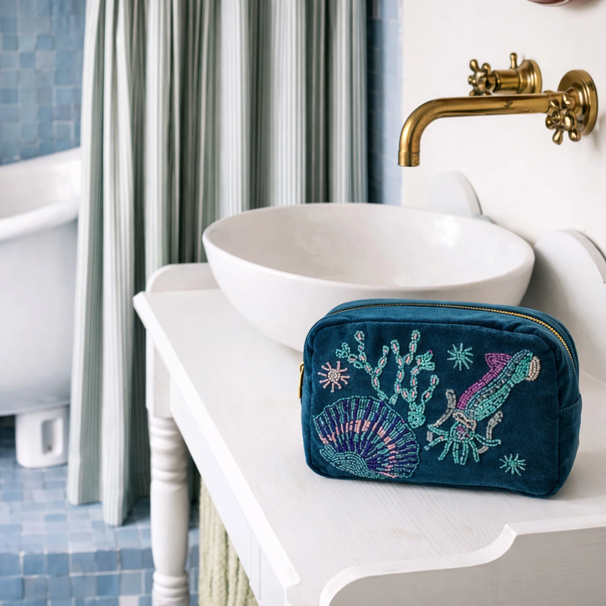 Velvet Beaded Scallop & Squid Cosmetic Bag - Image 3