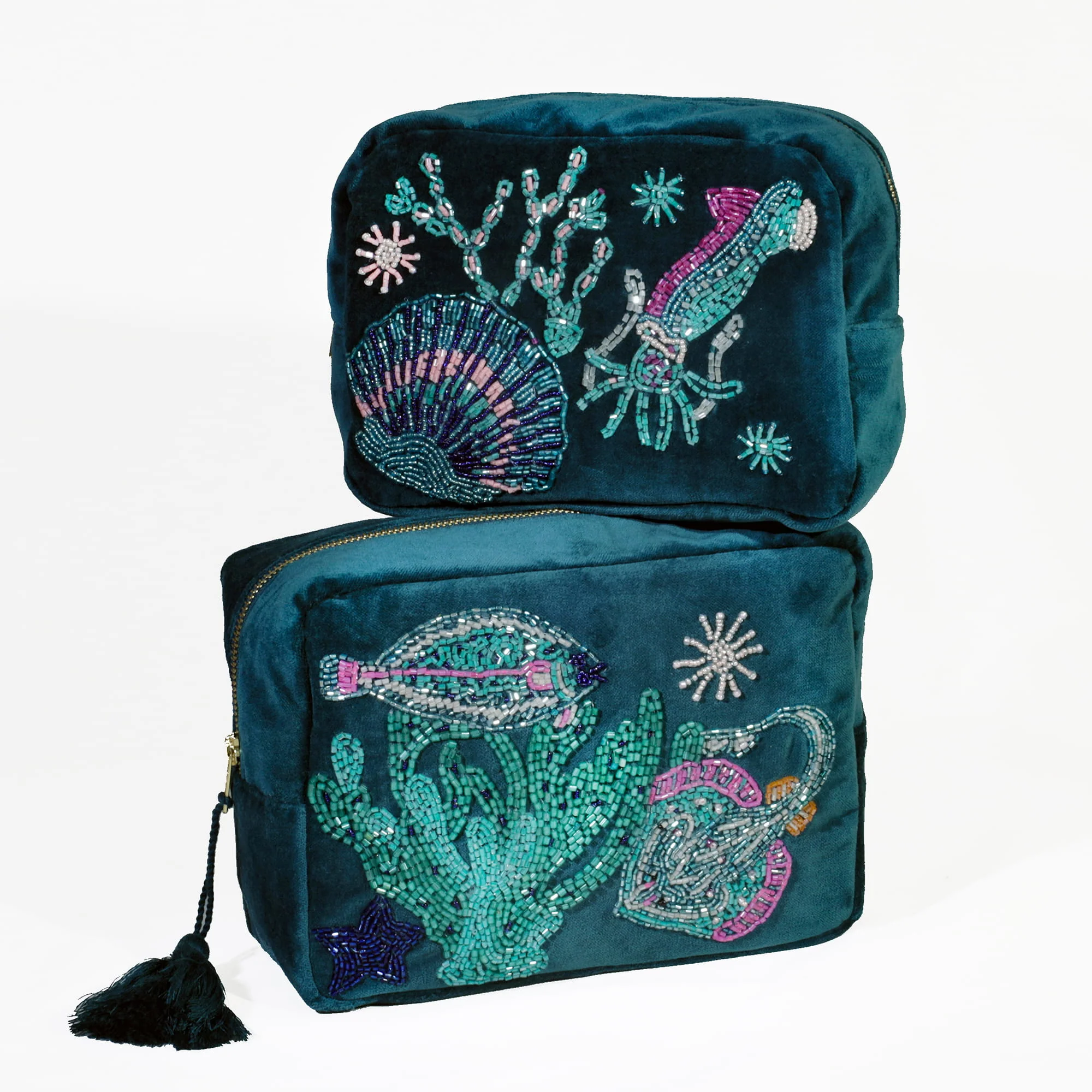 Velvet Beaded Scallop & Squid Cosmetic Bag - Image 4