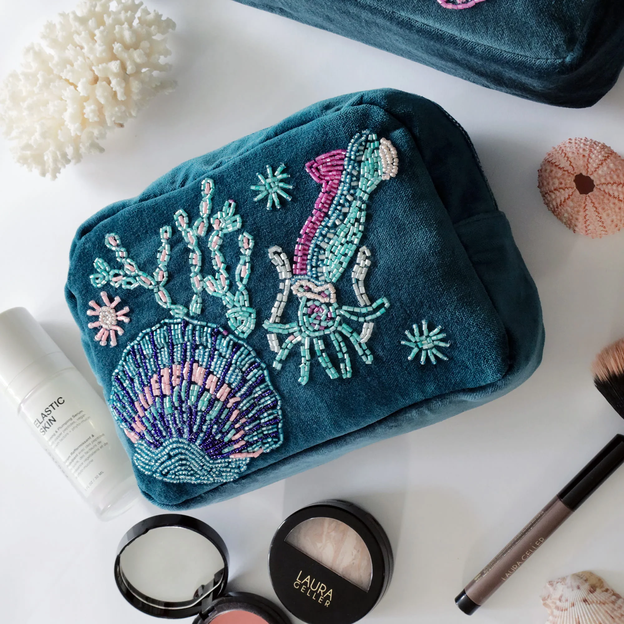 Velvet Beaded Scallop & Squid Cosmetic Bag - Image 6